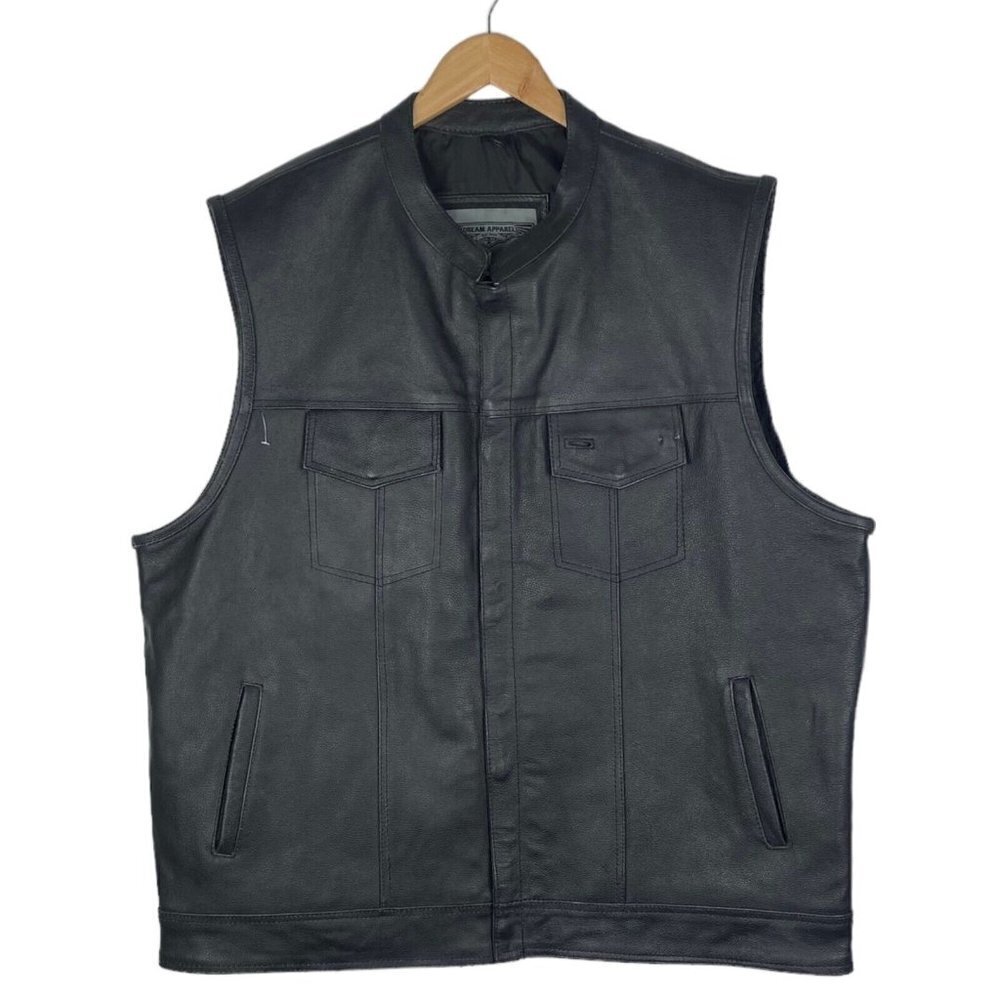 Dream Apparel Black Leather Lined Motorcycle Biker Vest Preacher Collar SZ 54